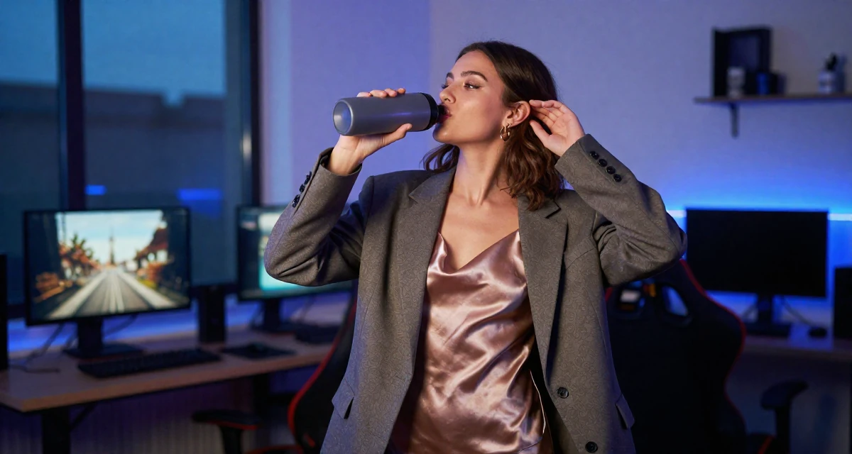 A smirking Female From Rome Italy, majored in art history in their 24, curating an elegant–sexy creator identity, wearing a satin slip skirt paired with a structured blazer, drinking from a water bottle in a gaming room.