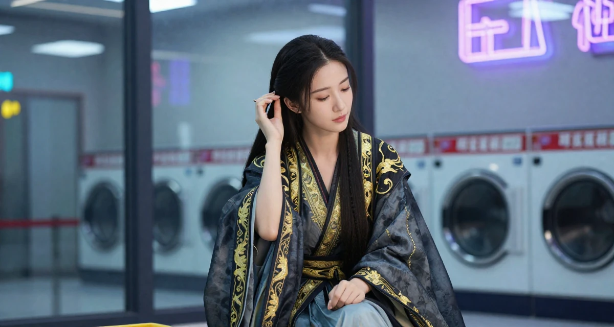 A serene and peaceful Female Once a junior marketing intern, now a full-time creator in their 20, chasing creative dreams despite parental skepticism, wearing a high-fantasy sorceress robe with gold embroidery, adjusting a hairpin in a laundromat with neon signs.
