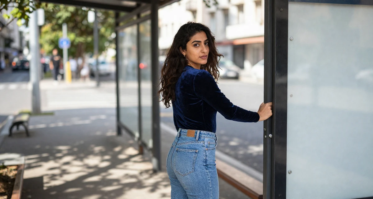 A empowered Female From Arabic-speaking world, majored in geology in their 24, investing in quality furniture and lifestyle, wearing a velvet bodysuit and high-waisted mom jeans, pulling a door open in a bus stop.