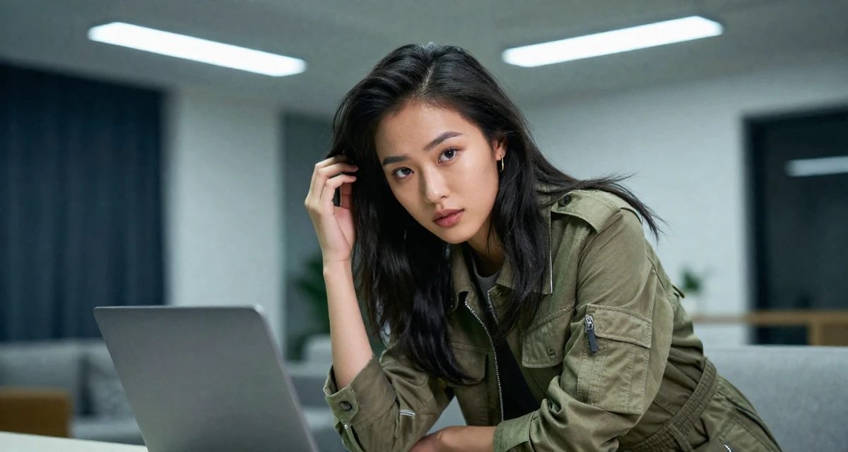 A cool and collected Female Previously a travel-blog student, now turning trips into premium creator content in their 24, learning how to set boundaries in private messages, wearing a modern utilitarian outfit, retouching hair volume in a modern apartment living room.