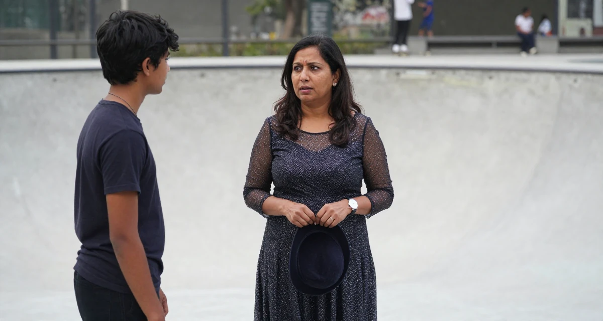 A fragile Female From New Delhi India, majored in English literature in their 41, confident mother of teenagers sharing advice, wearing a ice skater sparkly dress with sheer sleeves, holding a hat in a skate park.