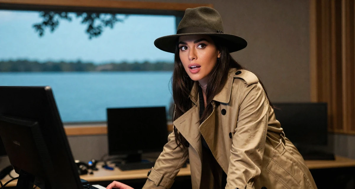 A spirited Female From USA, studied computer science but switched to arts in their 21, focused intensely on fitness and glow-up culture, wearing a detective trench coat and fedora hat, glancing sideways in a music recording studio.