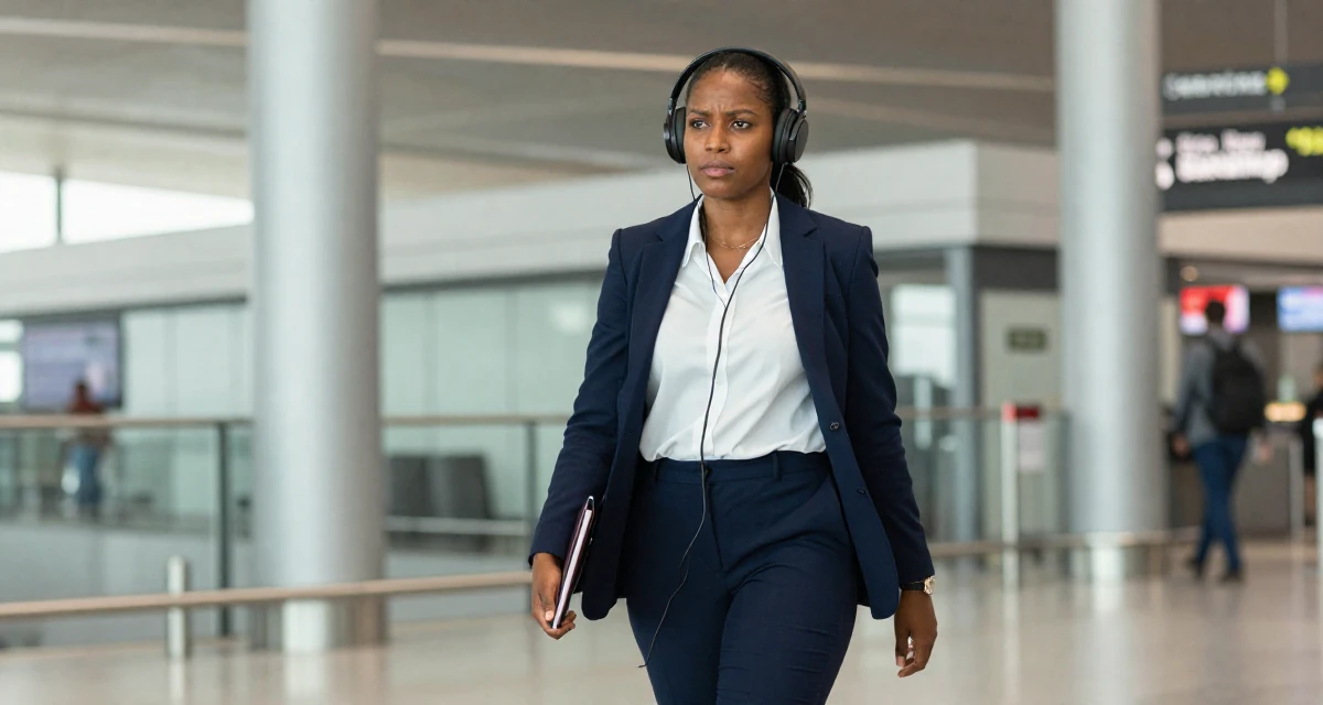 A judgemental Female From Nairobi Kenya, holds a degree in communications in their 30, transitioning from corporate grind to creative freedom, wearing a polished loafer and trousers look, listening to music with headphones in a airport terminal.