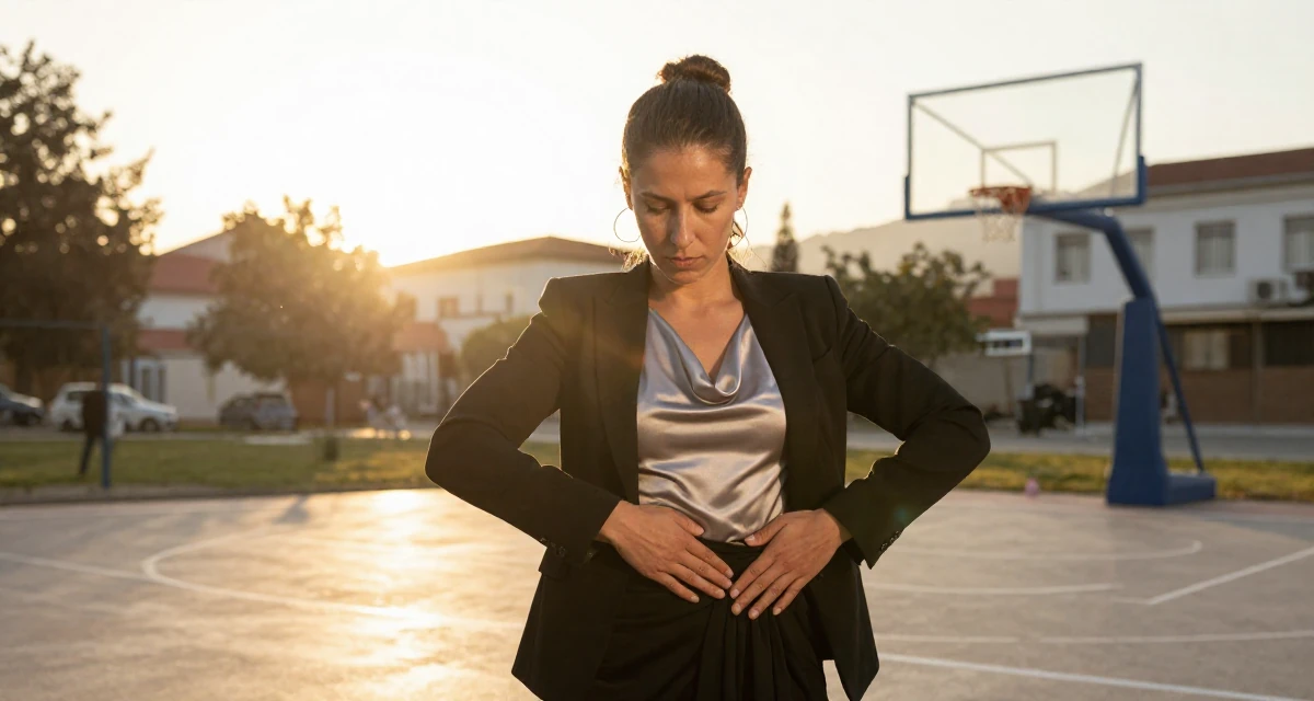A serious Female From Athens Greece, learned movement expression through traditional dance in their 49, creating content about cultural heritage, wearing a satin cowl neck top under a business suit, smoothing down a dress in a basketball court.