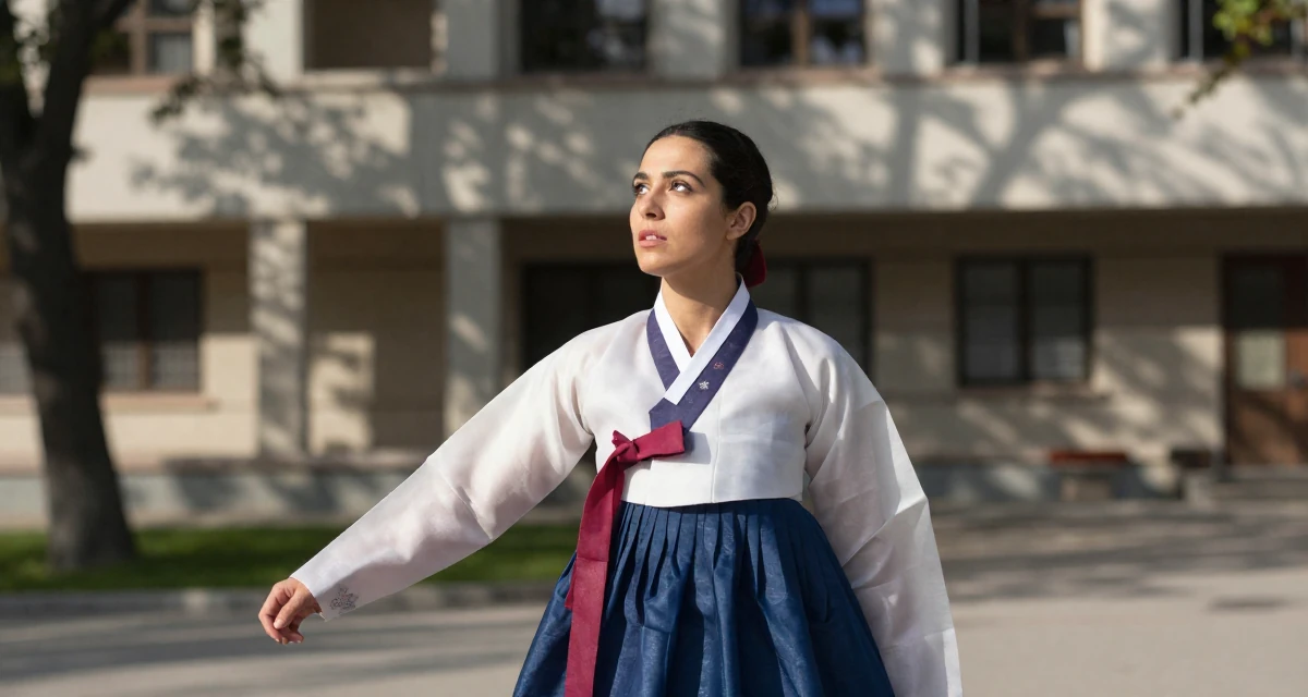 A reflective Female From Greece, based in Athens, graduated from a design academy majoring in romantic-themed media in their 24, taking creative work more seriously, wearing a traditional hanbok modified for a modern look, gazing at the sky in a university campus.