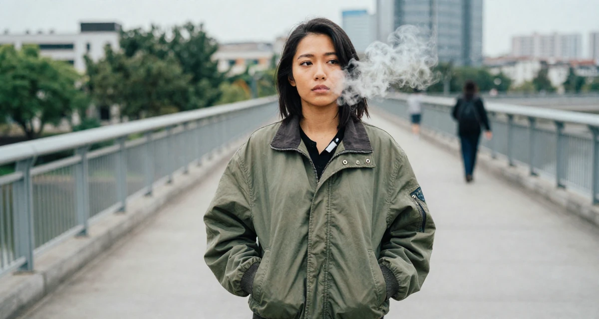 A thoughtful Female Former security guard, now a bold confidence-themed creator in their 22, building early fan loyalty through replies and messaging, wearing a retro windbreaker jacket, putting hands in pockets in a bridge walkway.