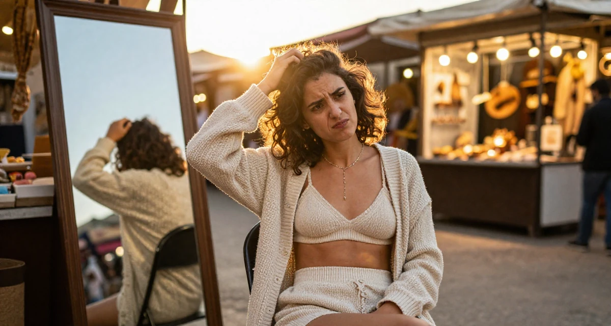 A tense Female From Palestine, studied community development in their 23, experimenting with playful facial expressions, wearing a knitted bralette and a matching cardigan with shorts, scratching a head lightly in a night market stall.