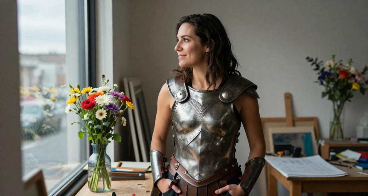 A hopeful Female From Los Angeles USA, majored in performing arts in their 42, focused on stability over ambition, wearing a gladiator armor with leather straps and a metal breastplate, looking at a reflection in a window in a artist workshop.