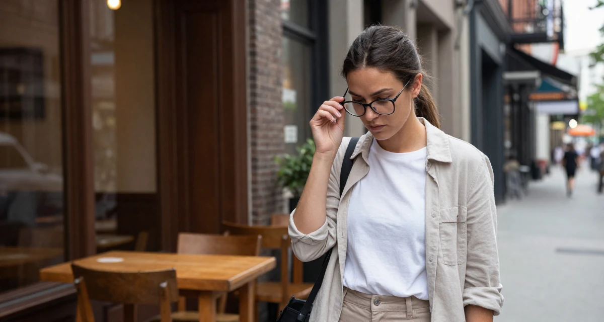A mysterious Female Former stay-in nanny, now building her own self-expression platform in their 32, urban explorer finding beauty in the city, wearing a clean, neutral-toned casual outfit, pushing glasses up the nose in a historic downtown.