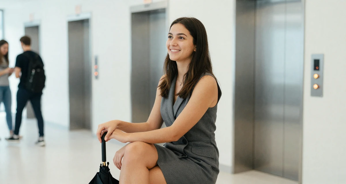A bright and optimistic Female From Netherlands, studied digital media and interaction design in their 20, navigating the chaos of freshman year university life, wearing a sleeveless blazer dress showing toned arms, holding an umbrella in a banquet hall.