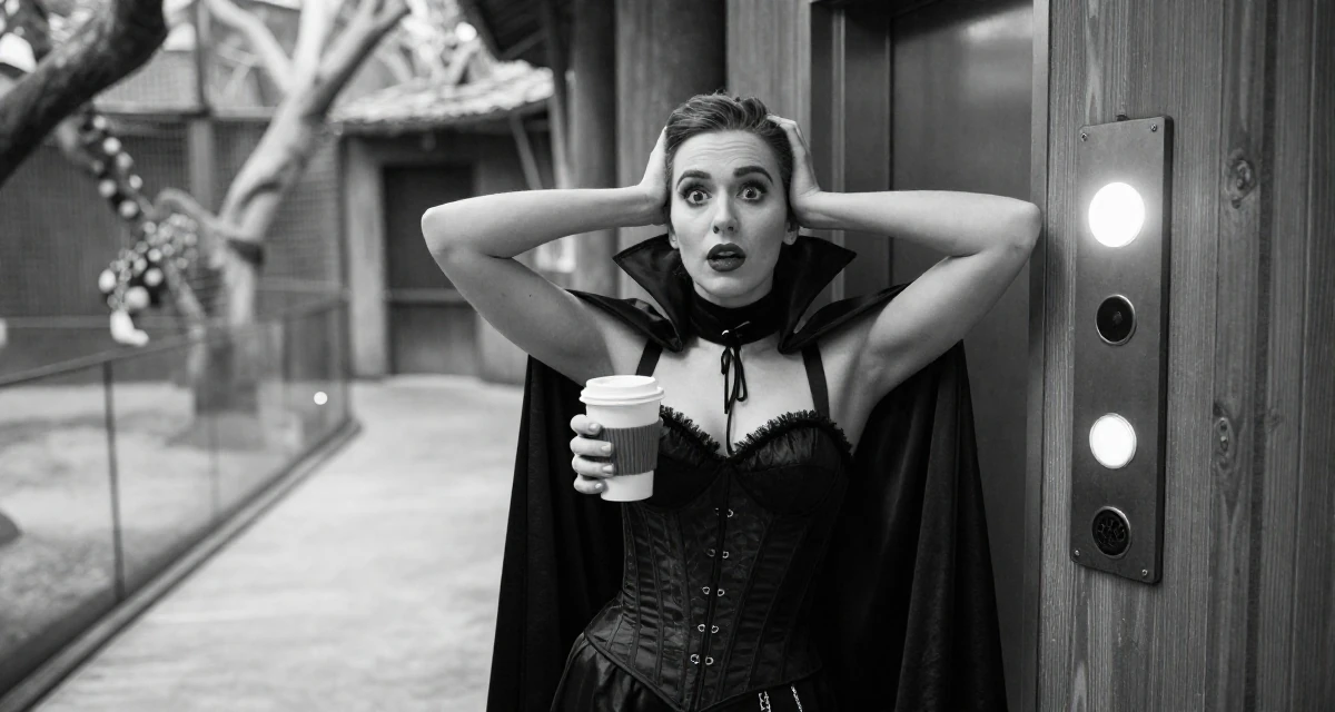 A awestruck Female Former receptionist at a spa, now blending wellness with creator content in their 20, eyes wide with wonder and confusion, wearing a vampire queen gown with a high collar and corset, holding a cup of coffee in a zoo enclosure path.
