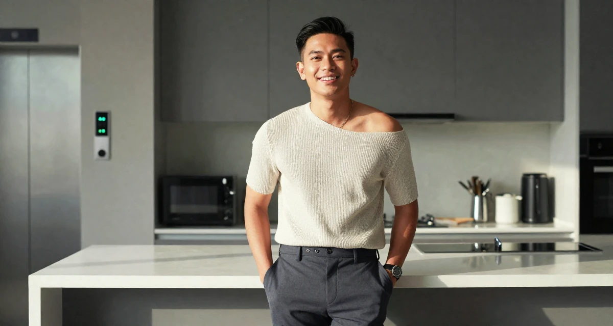 A radiant male From Johor Malaysia, studied early childhood education in their 24, prioritizing mental health over the grind, wearing a off-the-shoulder knit top and dress pants, holding a pen in a sunlit kitchen island.