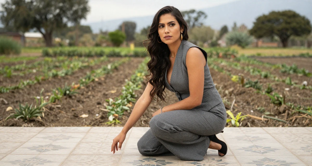A composed Female From Mexico, studied cultural studies in their 28, questioning whether to scale up or scale back, wearing a grey vest and matching trousers outfit, picking something up in a farm field.
