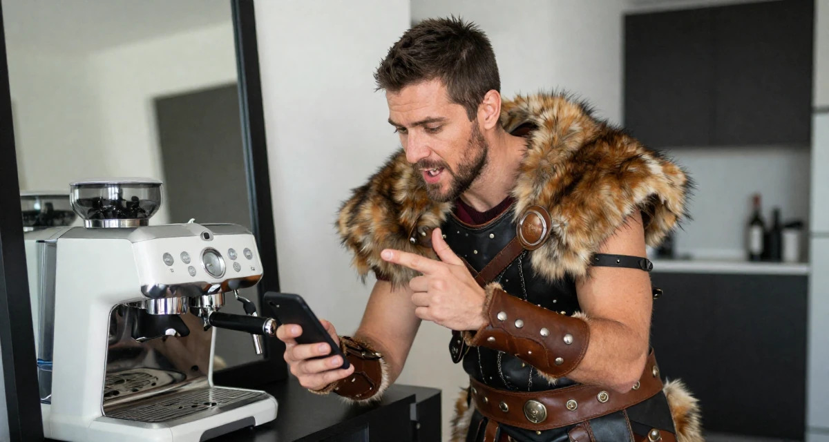 A empowered male From Montreal Canada, studied erotic art history and creative expression in their 20, spending too much time scrolling social media, wearing a barbarian warrior outfit with faux fur and leather, gesturing while talking in a modern apartment living room.