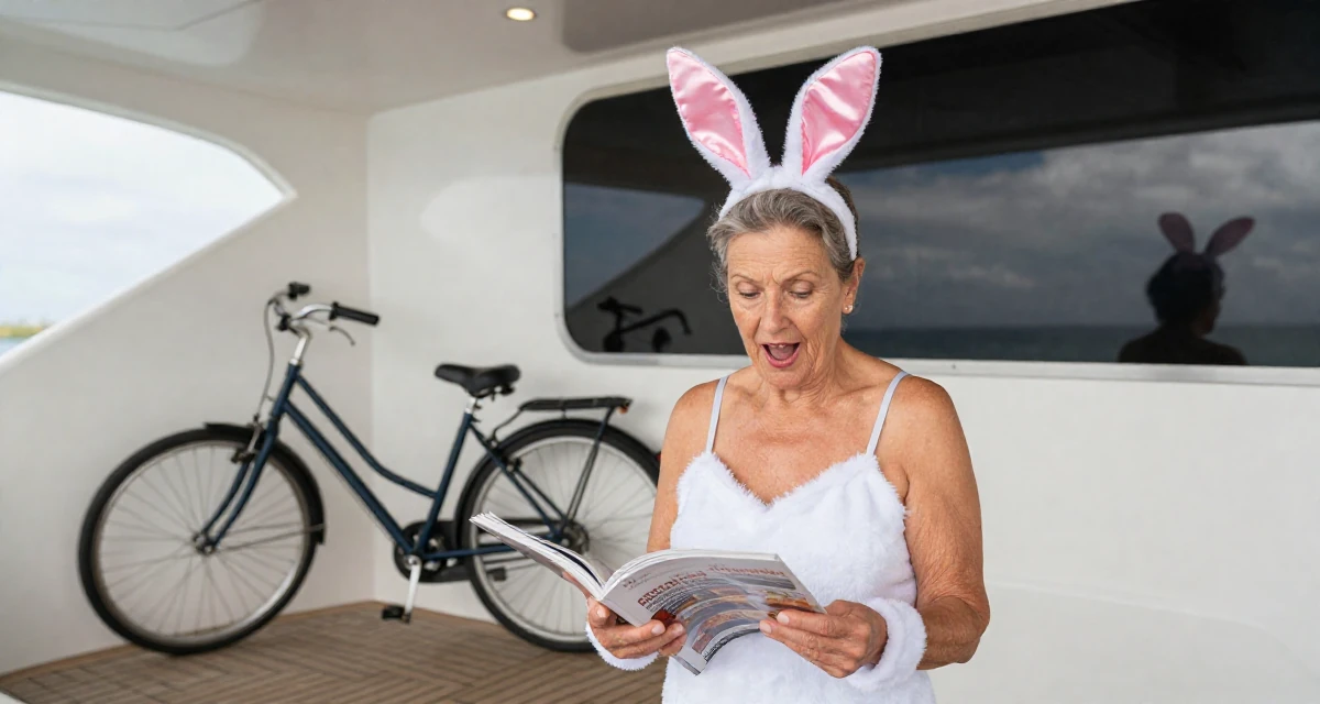 A eager Female From USA, studied psychology and human behavior in their 48, grandmother sharing joy and family recipes, wearing a playful bunny girl costume with satin ears and cuffs, flipping through a magazine in a yacht deck.
