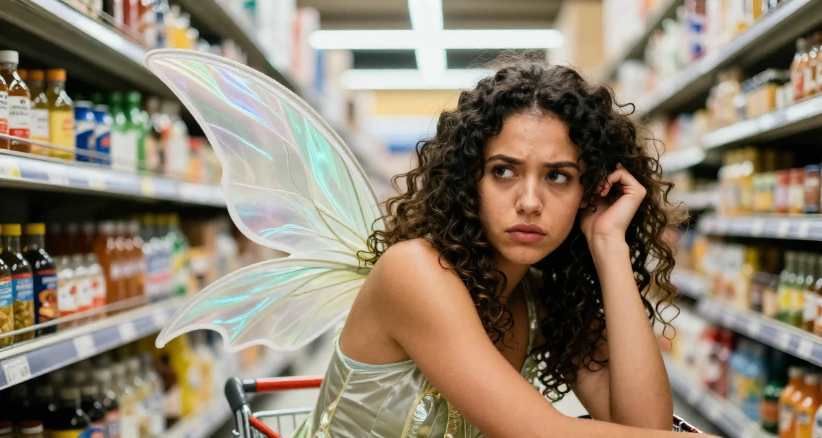 A suspicious Female From UK, studied fashion marketing in London in their 22, managing new financial responsibilities, wearing a fairy costume with translucent iridescent wings, tucking hair behind an ear in a supermarket aisle.