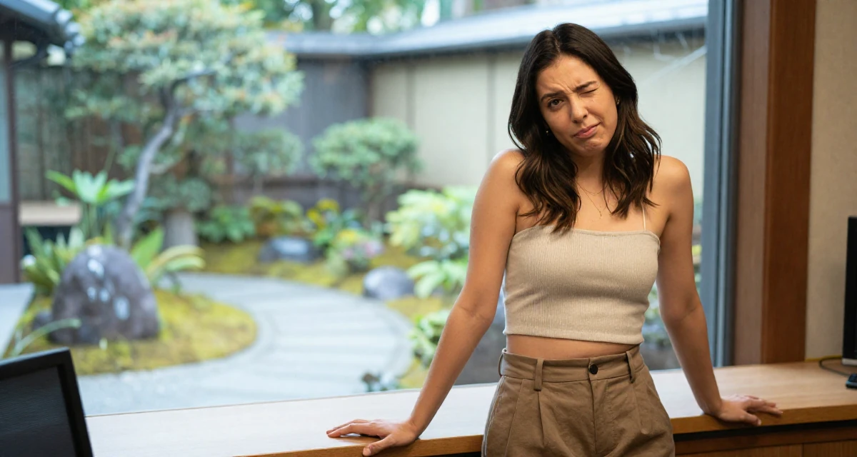 A disinterested Female Raised in Peru, studied advertising management in their 35, creating plant-based recipes for families, wearing a cropped bustier top and high-waisted slacks, winking playfully in a radio station.