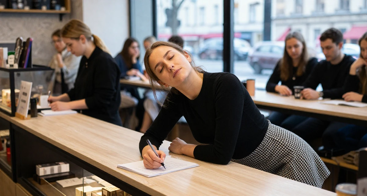 A compassionate Female From Moscow Russia, trained in rhythmic gymnastics and body control in their 22, grinding nonstop while peers enjoy carefree weekends, wearing a houndstooth pattern skirt and black top, holding a pen poised to write in a bakery counter.