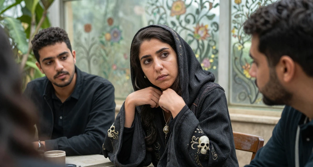 A indifferent Female From Egypt, majored in archaeology in their 32, mentoring younger colleagues, wearing a dark fantasy necromancer robe with skull motifs, fiddling with a necklace in a botanical greenhouse.