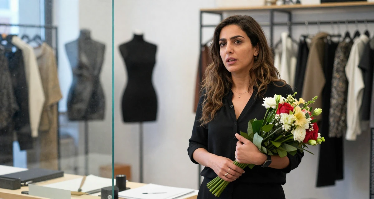 A intense and captivating Female From Lebanon, majored in digital journalism in their 48, sharing stories of overcoming career setbacks, wearing a urban minimalist silhouette, holding a bouquet in a fashion design studio.