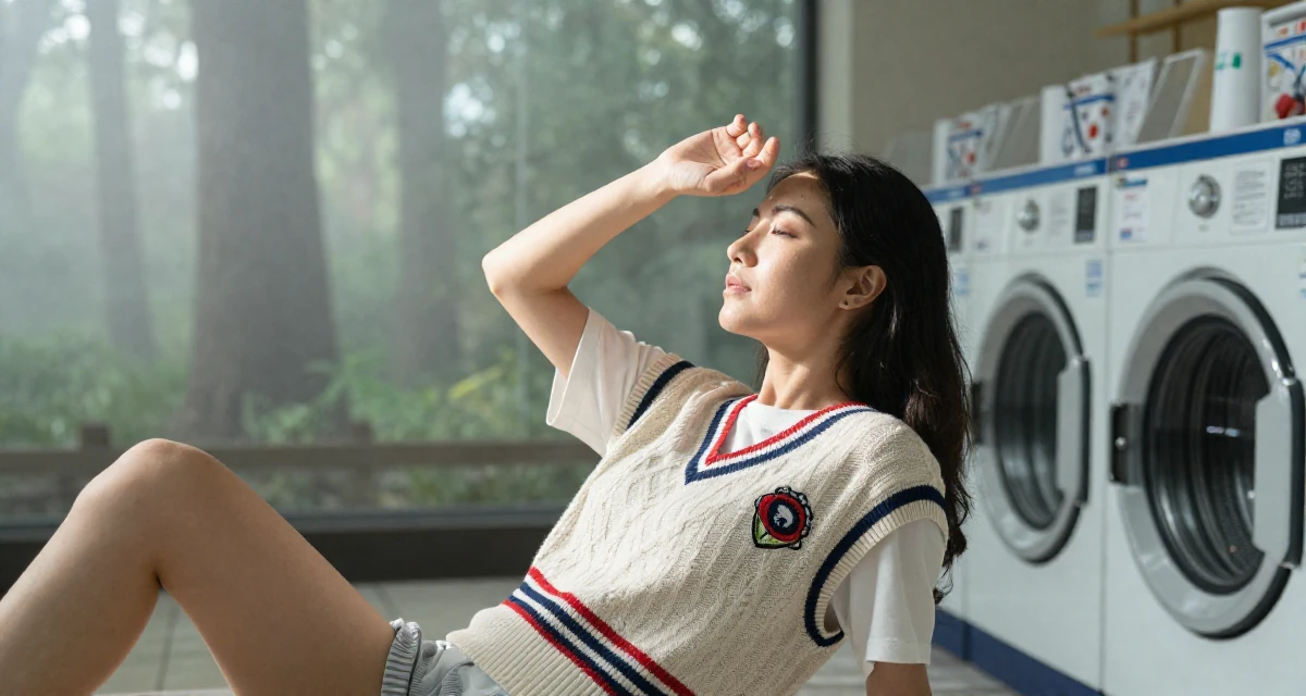 A observant Female Once a swimwear shop clerk, now modeling her own collections in their 39, creating a cozy and safe sanctuary at home, wearing a preppy sweater vest combo, shading eyes from the sun in a laundromat.