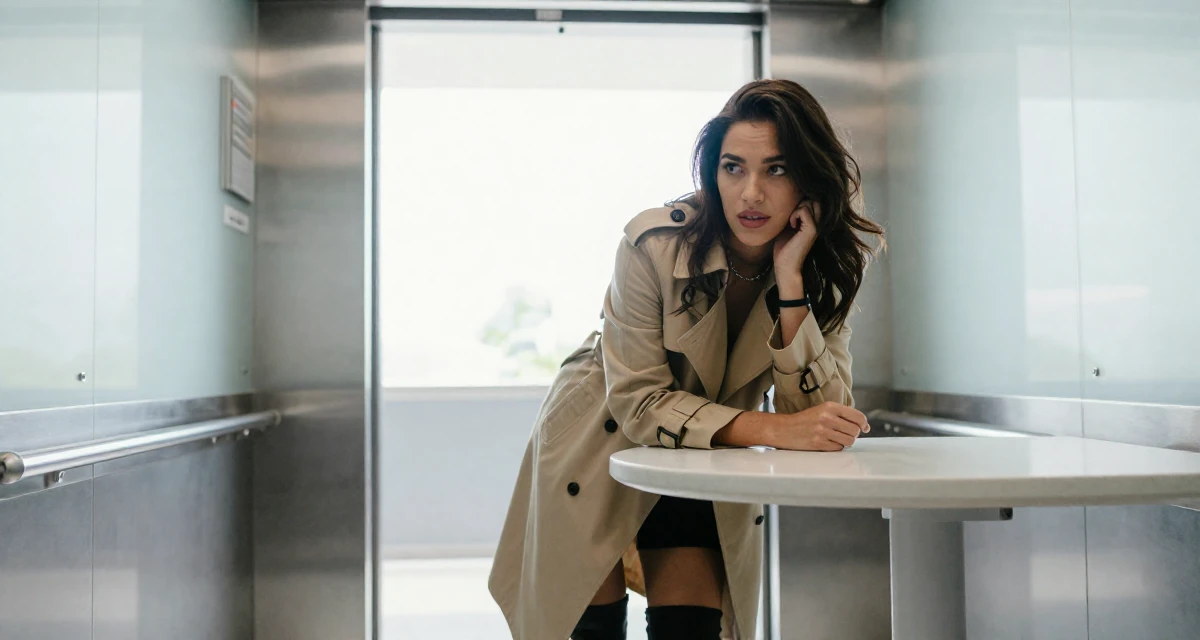 A bewitching Female From the Philippines, based in Cebu City, graduated from a local college majoring in public relations in their 25, fully owning a bold, seductive creator identity, wearing a timeless trench and boots, shifting weight impatiently in a corporate elevator.