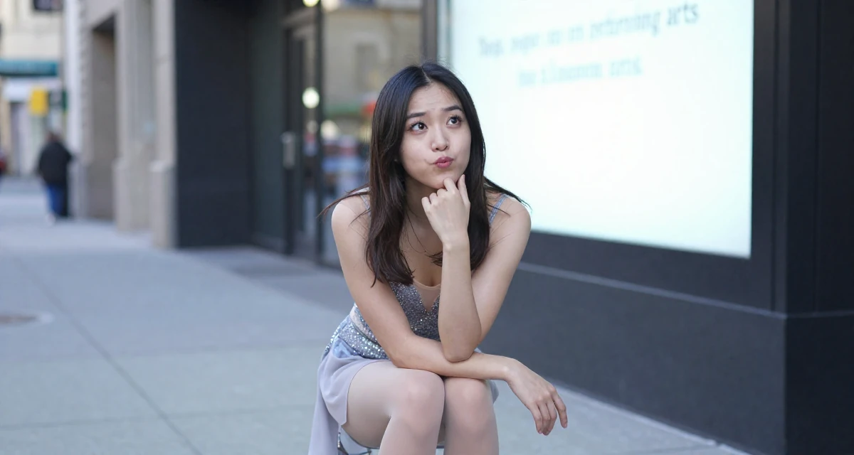 A playful Female From Los Angeles USA, majored in performing arts in their 25, figuring out boundaries while trying small photo sets, wearing a ice skater sparkly dress with sheer sleeves, touching the chin thoughtfully in a city sidewalk.