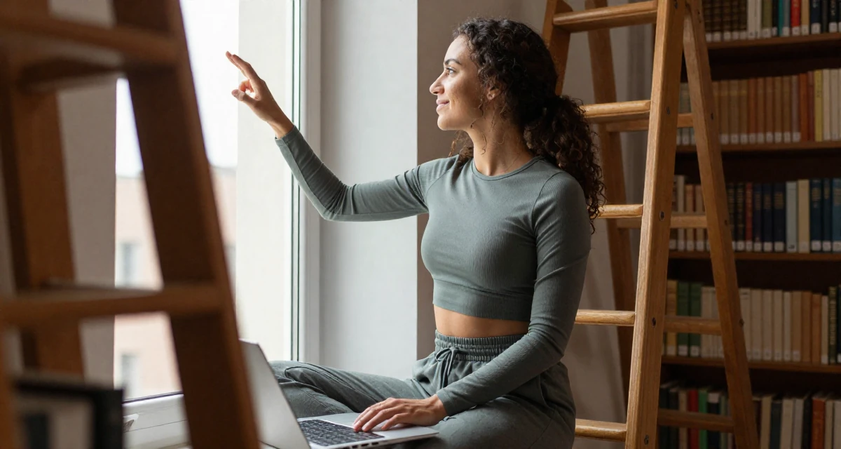 A peaceful Female Grew up in Spain, studied international business in their 25, exploring creativity online, wearing a tight long-sleeve crop top and jogger pants, looking out the window in a old library with wooden ladders.