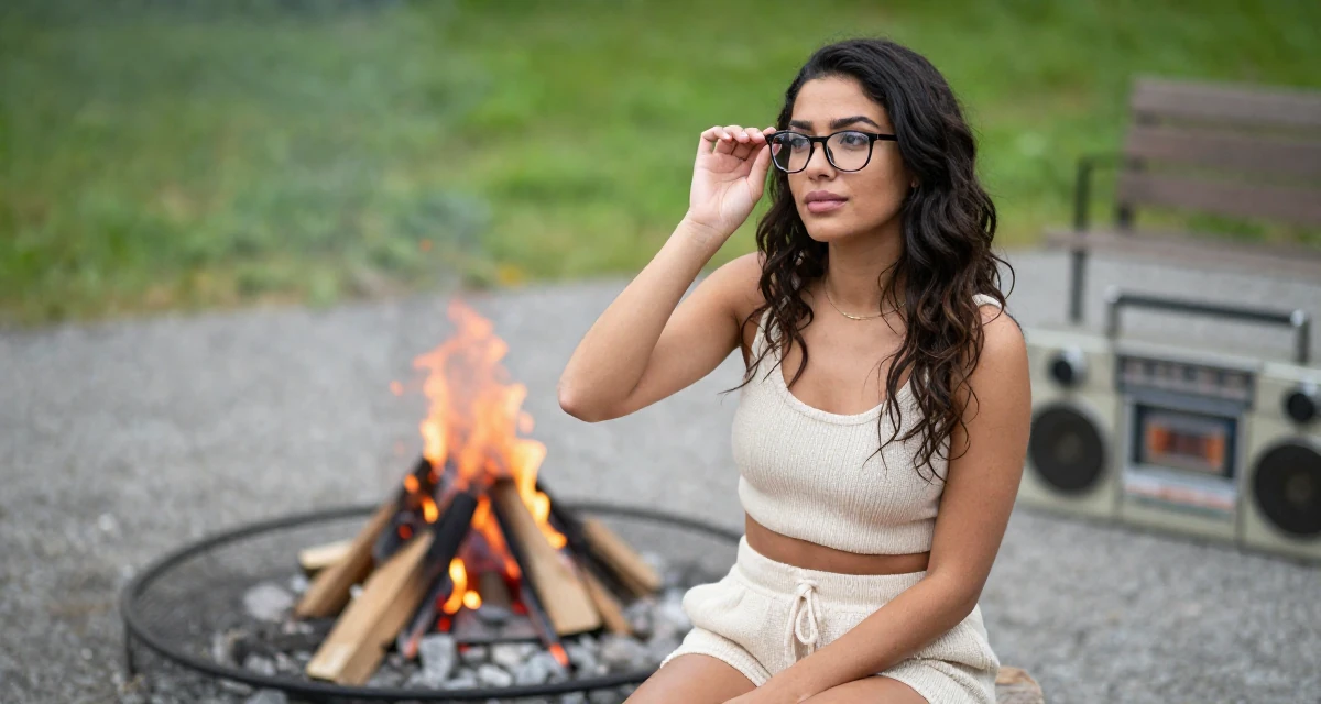 A dreaming Female From Switzerland, based in Zurich, graduated from a creative institute majoring in high-end glam production in their 25, questioning long-term direction, wearing a knitted loungewear shorts and a matching tiny top, adjusting glasses in a campfire circle.