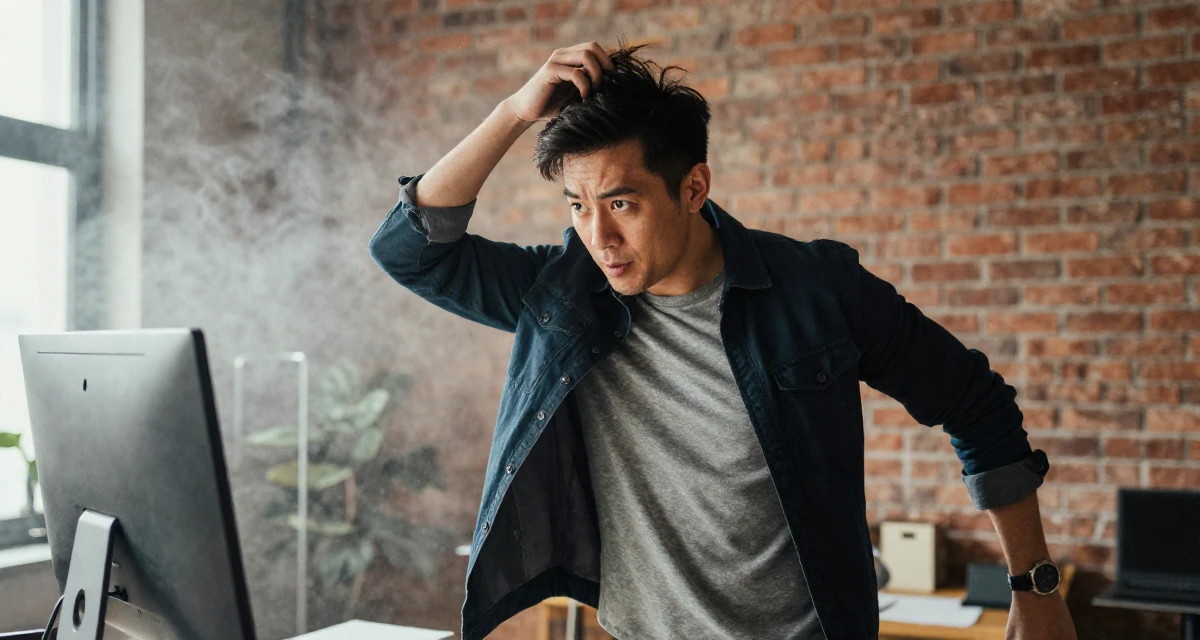 A determined male From Hong Kong, majored in graphic design in their 41, tech executive pivot to digital content creation, wearing a structured jacket with casual tee, messing up hair playfully in a loft apartment with brick walls.