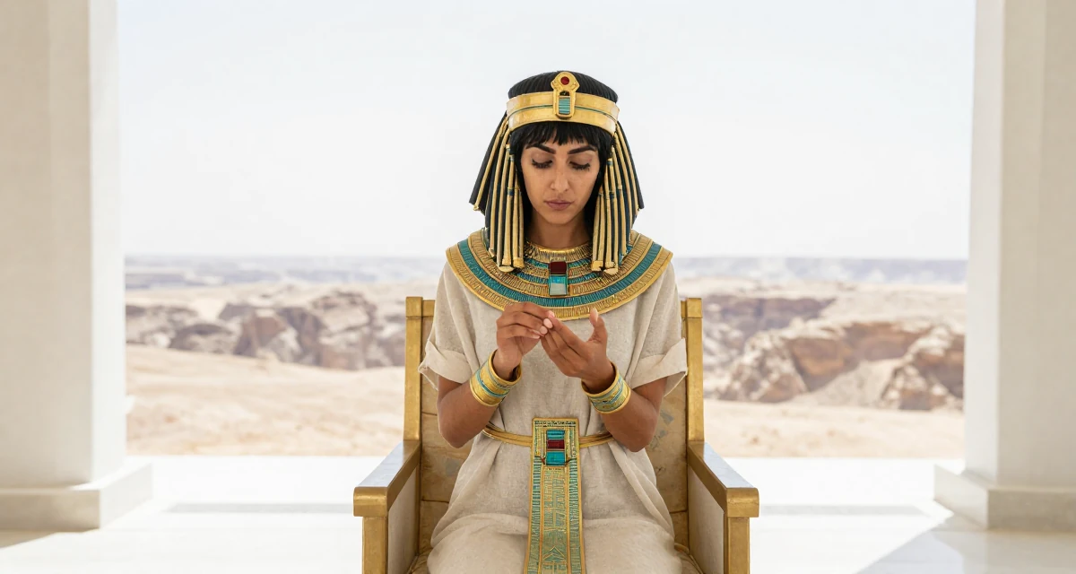 A resilient Female From Arabic-speaking world, studied international logistics in their 28, questioning whether to scale up or scale back, wearing a egyptian queen costume with gold collar and linen, inspecting fingernails in a royal palace throne room.