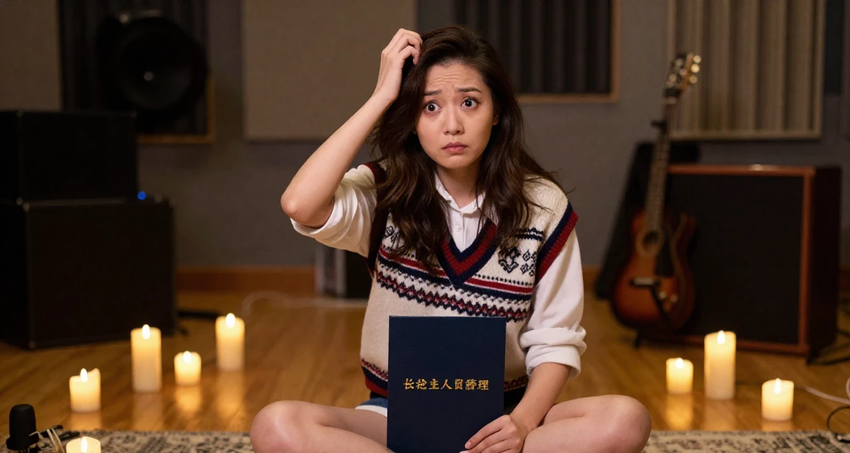 A soulful Female From ChangSha China, holds a degree in human resource management in their 20, eyes wide with wonder and confusion, wearing a preppy sweater vest combo, scratching a head lightly in a music studio.