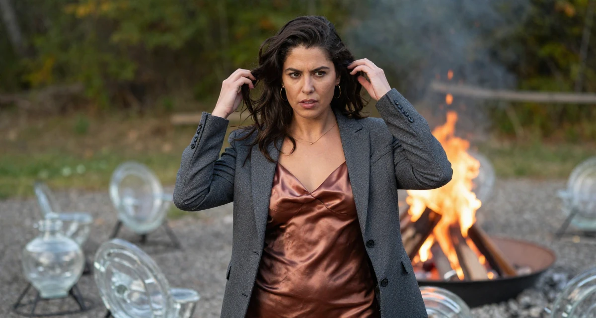 A curious and focused Female From Canada, majored in sociology and gender studies in their 33, feeling a deep sense of gratitude and grounding, wearing a satin slip skirt paired with a structured blazer, fixing a loose strand of hair in a campfire circle.