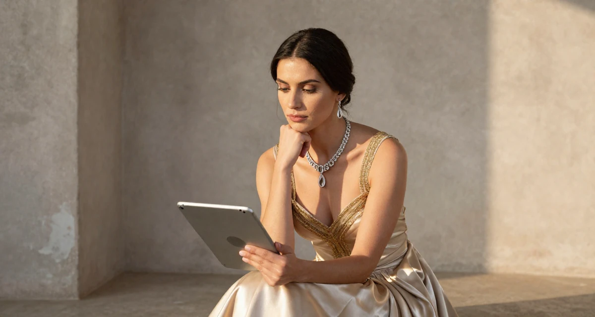 A commanding Female Former pharmacist in training, now teaching wellness routines online in their 31, investing in personal health and fitness, wearing a regal empress gown with heavy silk and jewelry, holding a tablet device in a dungeon cell.