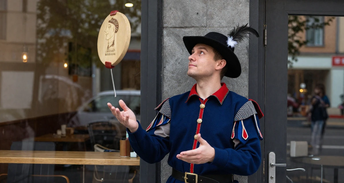 A coy male From Russia, studied mathematics and cybernetics in their 35, juggling co-parenting and a dating life, wearing a royal musketeer tunic with a feathered hat, looking up at the sky in a coffee shop corner.