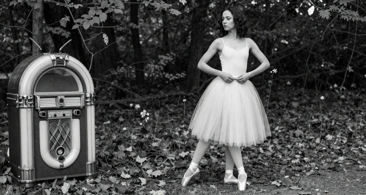 A stoic Female Once a swimwear shop clerk, now modeling her own collections in their 29, letting go of the need to please everyone, wearing a ballet tutu and satin pointe shoes, adjusting a belt in a autumn forest.