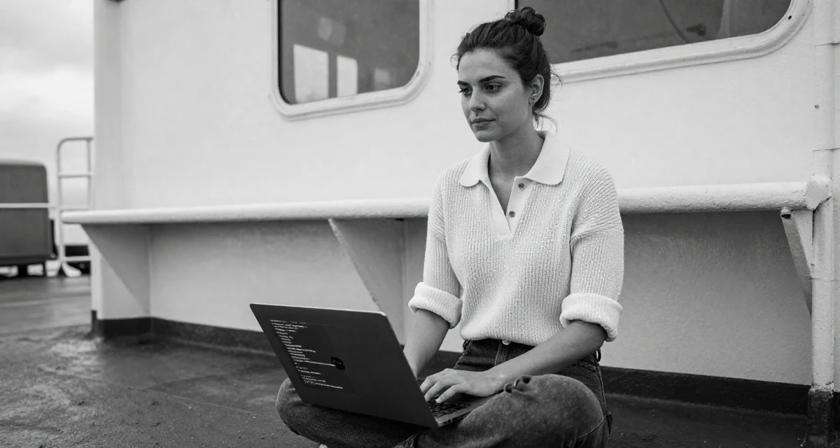 A composed Female Once a warehouse picker, now building a creator brand from scratch in their 26, balancing a demanding career with dating life, wearing a smart knit polo, rolling up sleeves in a ferry deck.