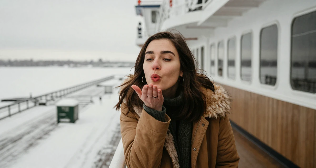 A sentimental Female From USA, studied psychology and human behavior in their 26, chasing the digital nomad lifestyle dream, wearing a warm winter layered look, blowing a kiss in a ferry deck.