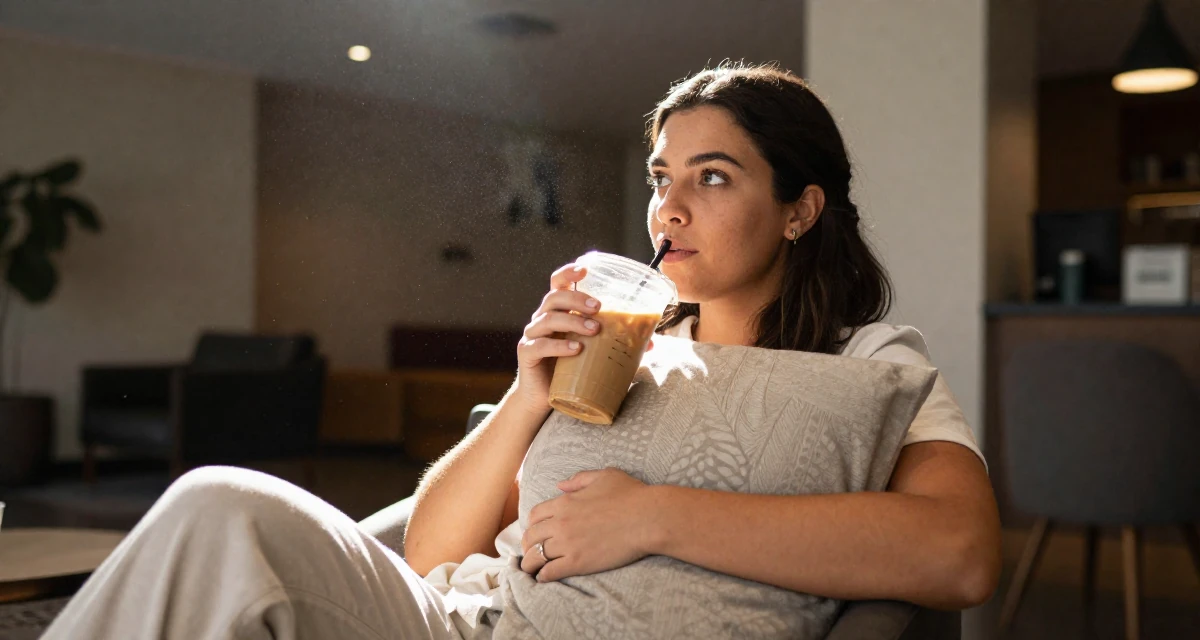 A reflective Female From Sydney Australia, holds a degree in environmental science in their 22, clutching an iced coffee as a survival tool, wearing a clean, neutral-toned casual outfit, hugging a pillow or cushion in a hotel lobby.