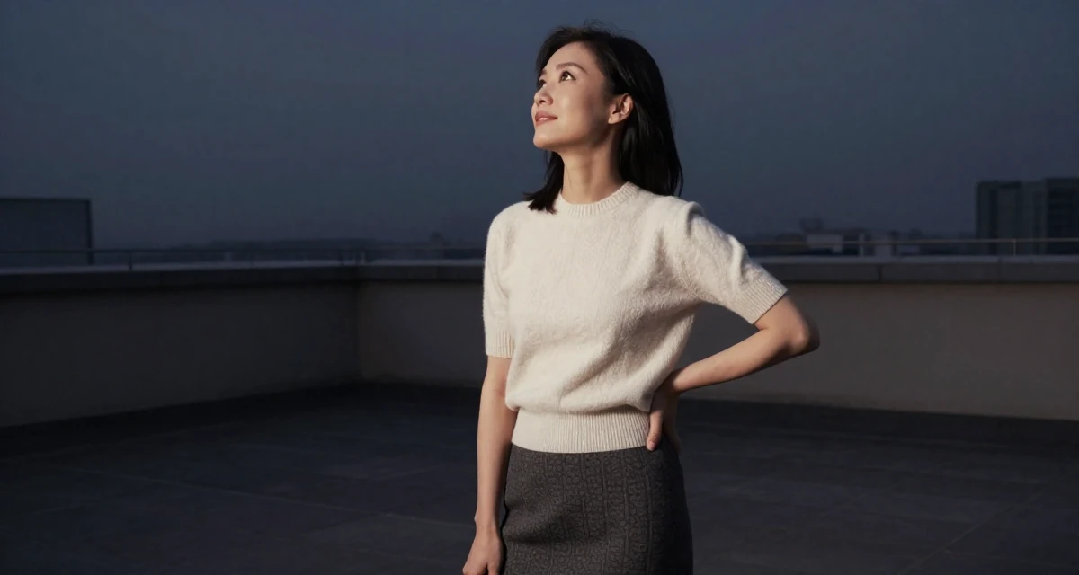 A nostalgic Female Former sales rep, now leveraging charisma for digital storytelling in their 44, minimalist living with a focus on quality, wearing a short sleeve cashmere sweater and a skirt, looking up at the sky in a rooftop terrace.