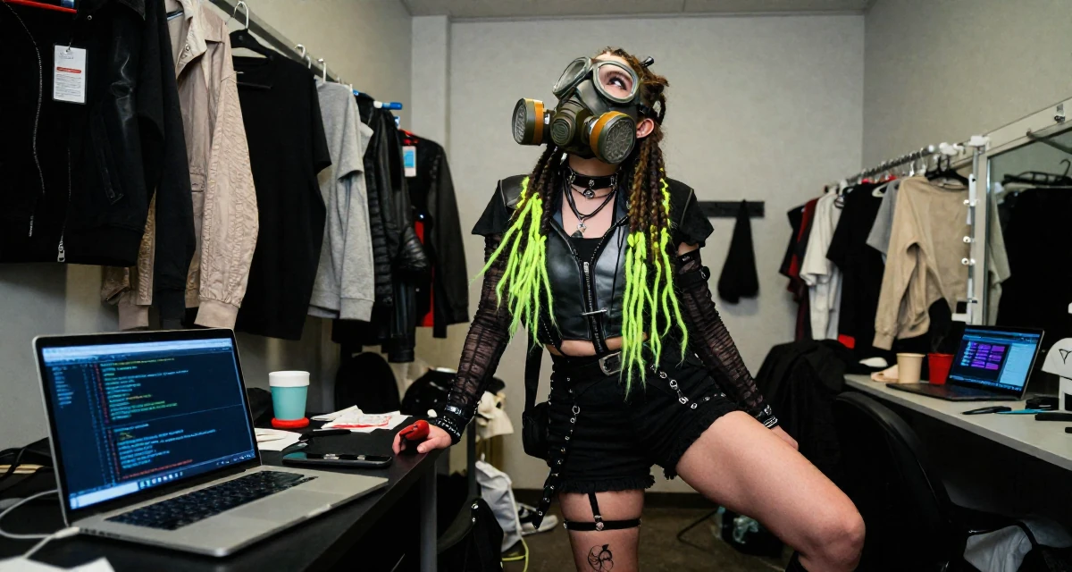 A ecstatic Female From Toronto Canada, studied criminology in their 37, embracing the chaos of family life with humor, wearing a cyber-goth outfit with gas mask and neon dreads, gazing at the sky in a backstage dressing room.