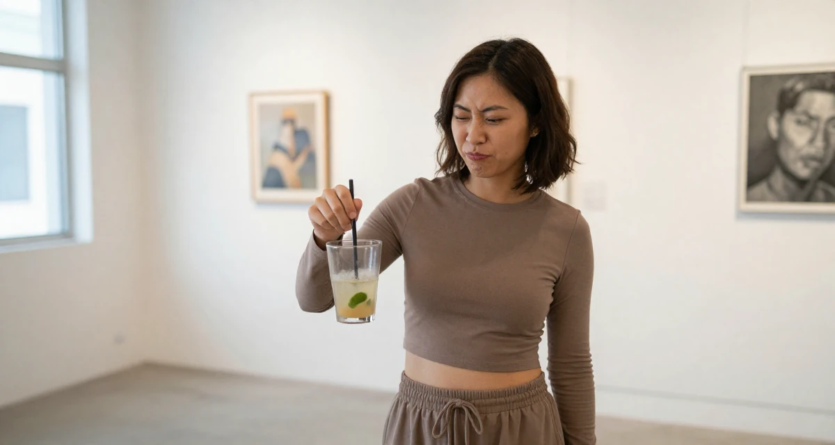 A cheeky Female From Taiwan, based in Taichung, graduated from an arts academy majoring in visual storytelling in their 28, recovering from a failed startup, wearing a tight long-sleeve crop top and jogger pants, stirring a drink in a art gallery hall.