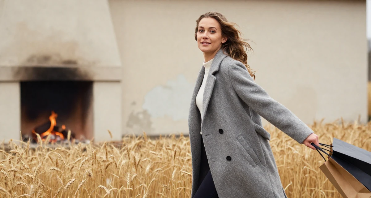 A resilient Female From Sweden, majored in industrial engineering in their 20, radiating fresh-faced youthful energy, wearing a elegant woolen coat styling, holding a shopping bag in a golden wheat field.