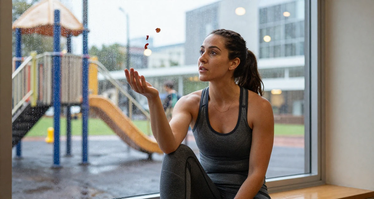 A engrossed Female From Sydney Australia, holds a degree in environmental science in their 40, managing a family business with dedication, wearing a fitted athletic wear, catching a falling flower petal in a school playground.
