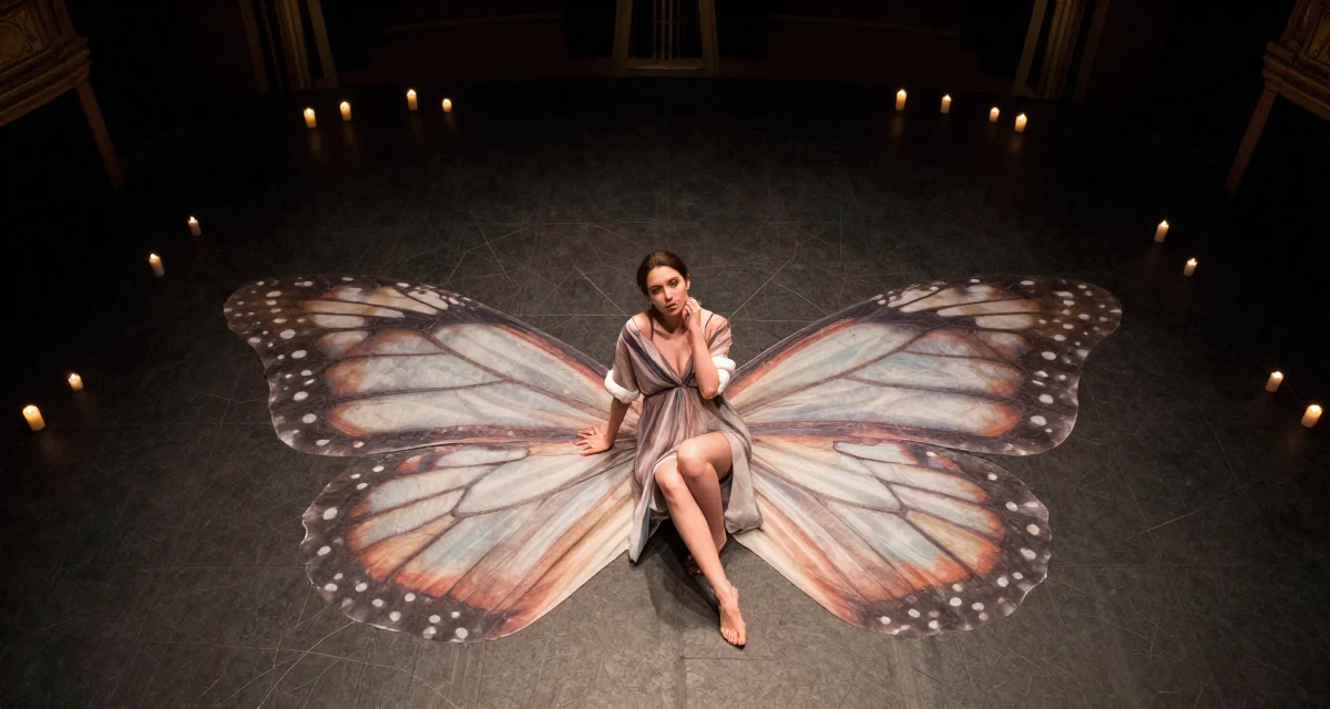 A calm Female From Paris France, studied artistic nude photography as a creative discipline in their 36, preparing for a second child, wearing a butterfly-themed fairy dress with large wings, rolling up sleeves in a empty theater stage.