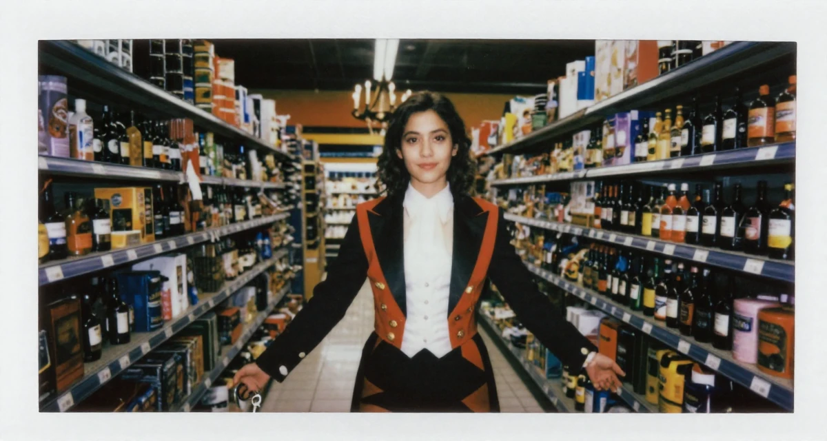 A gentle Female From Bolivia, based in Santa Cruz, graduated from a media academy majoring in creative strategy in their 23, refining their taste in art and music, wearing a circus ringmaster outfit with a tailcoat, holding a set of keys in a supermarket aisle.