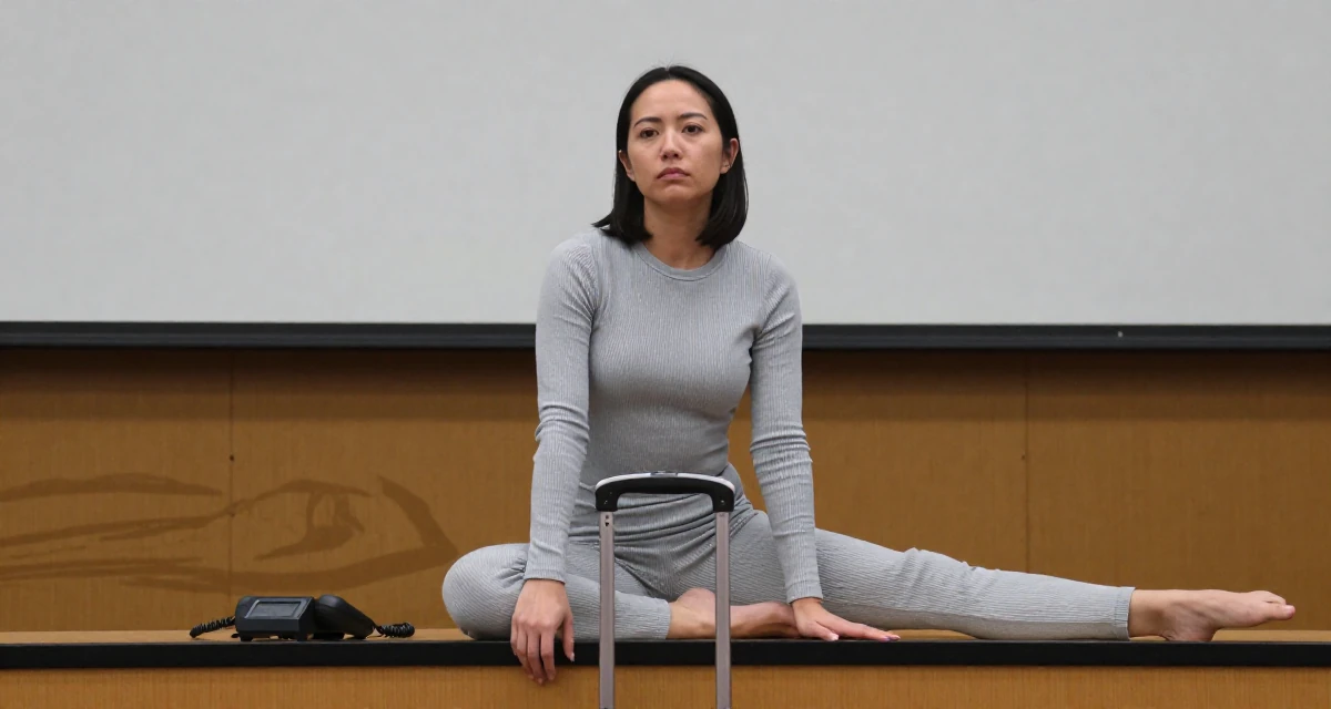 A composed Female From Vancouver Canada, majored in fine arts in their 25, making peace with early awkward content, wearing a ribbed lounge set that hugs the curves, polling a luggage handle in a lecture hall.