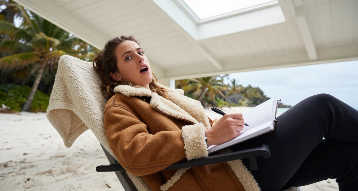 A playful and energetic Female From Ireland, studied creative writing in their 30, trying to escape corporate burnout, wearing a warm shearling jacket, writing in a notebook in a tropical white sand beach.