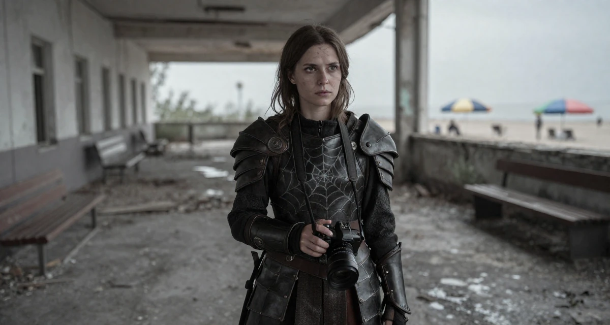 A observant Female Born in Russia, graduated from a local college majoring in marketing in their 29, learning self-discipline the hard way, wearing a dark elf leather armor with spiderweb motifs, holding a camera in a abandoned hospital.