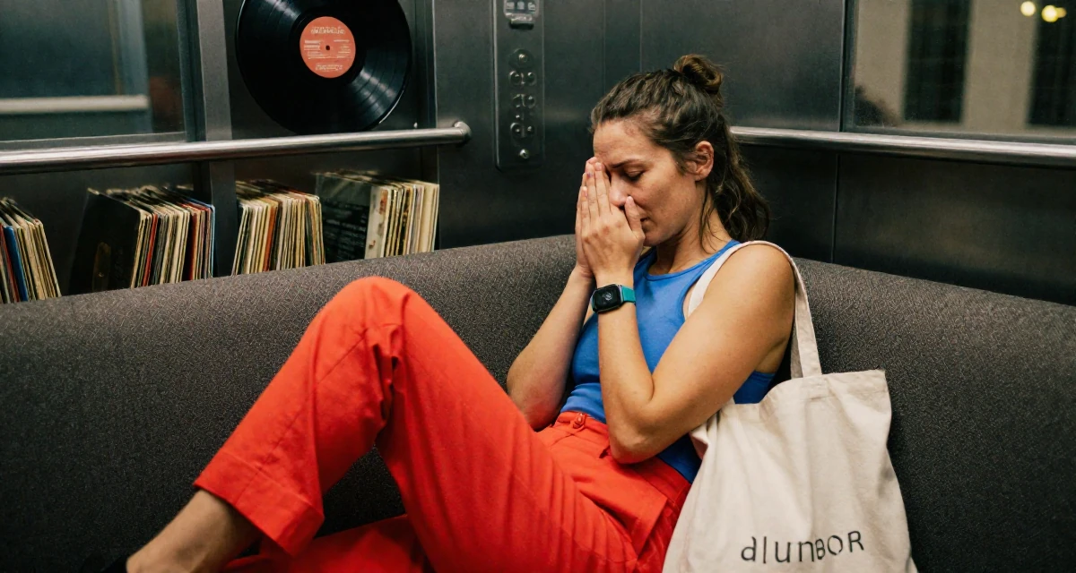 A moody Female From Gothenburg Sweden, trained in athletic movement and strength flow in their 20, heartbroken over a summer romance, wearing a bold color-block outfit, carrying a tote bag in a corporate elevator.